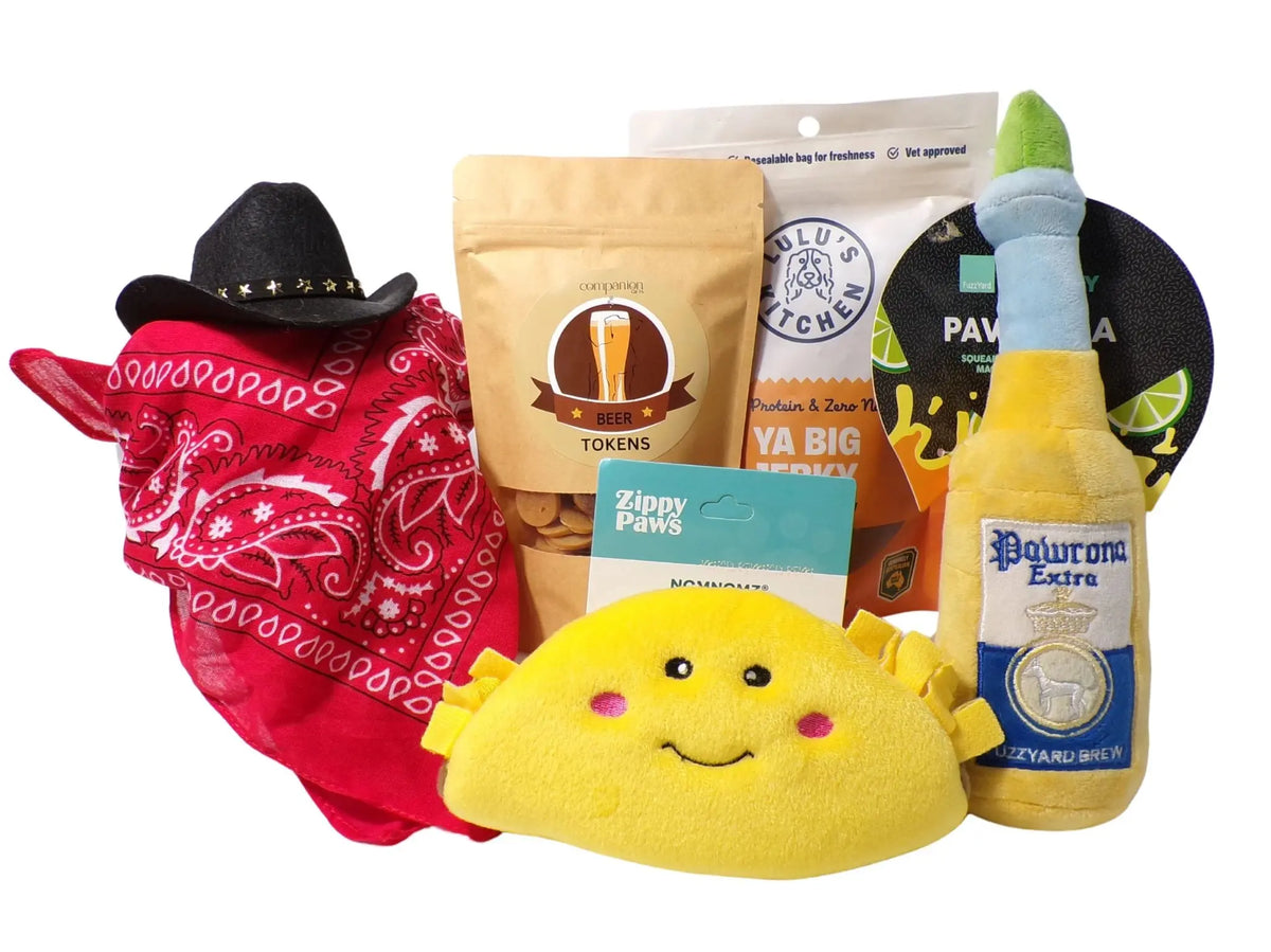 Dog gift box with black cowboy hat and red bandana and plush toys and treats