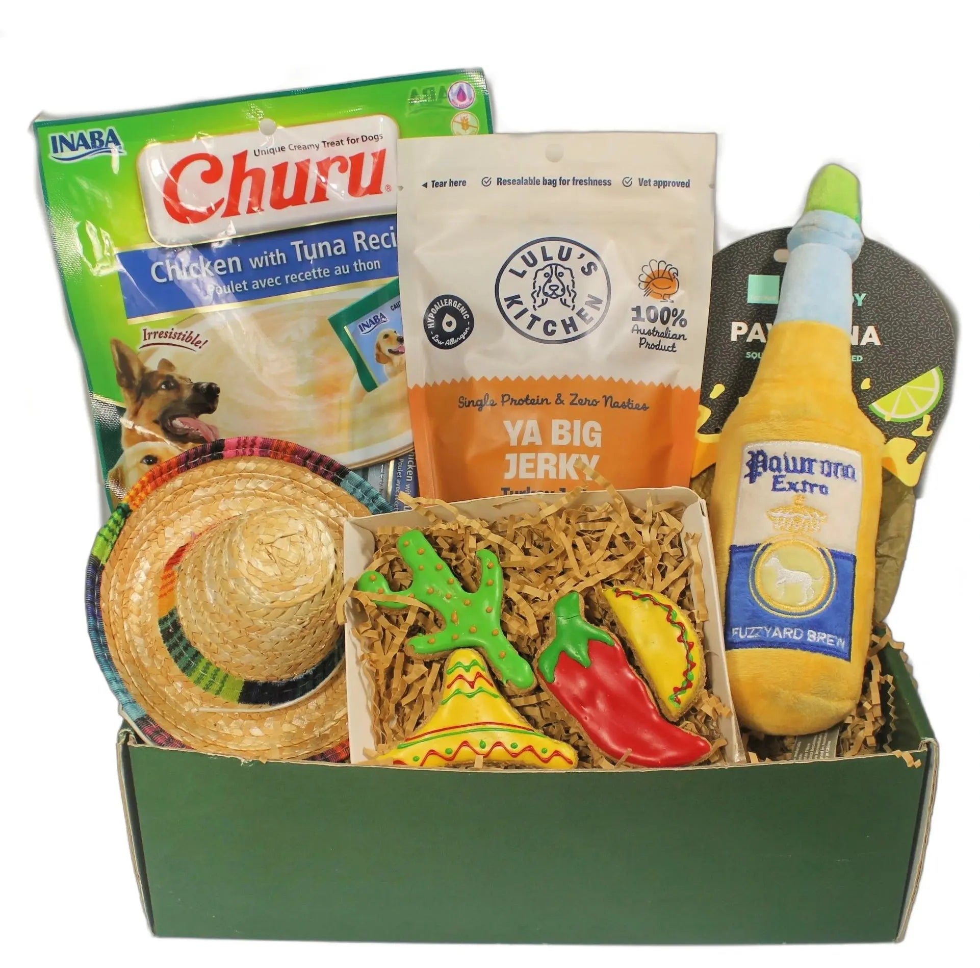 Fiesta Time Dog Gift Box with plush toy, treats, and fiesta hat.