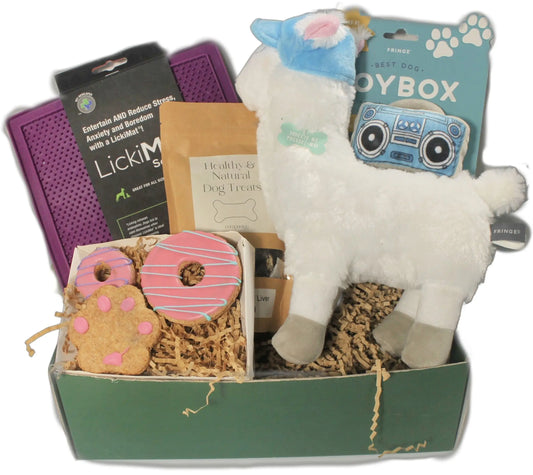Dog toy gift set with Llama plush toy by Fringe Studio pink hand made dog biscuits organic dog treats and a purple Likimat.